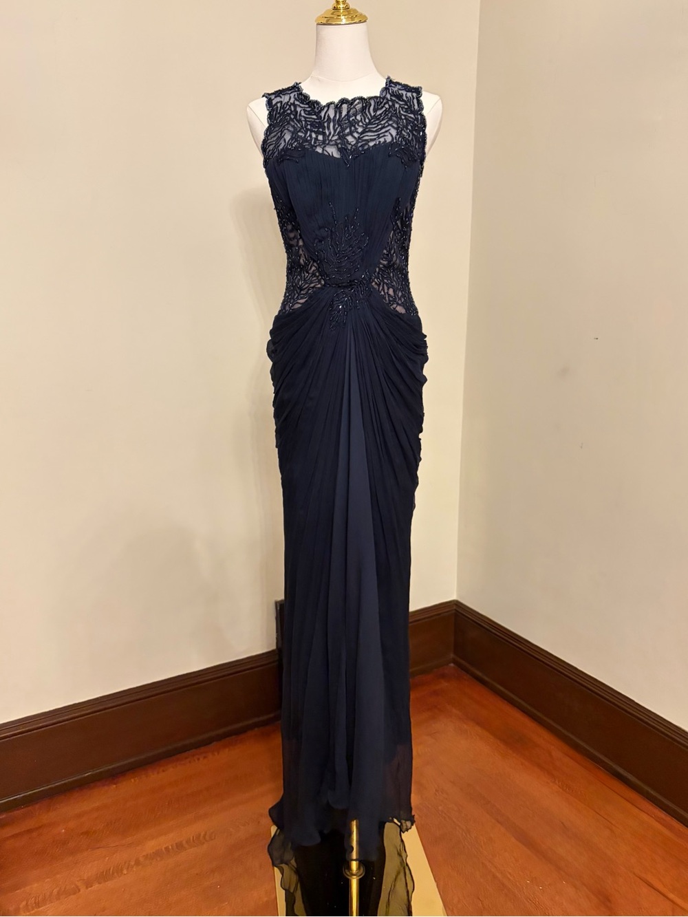 Tadashi Shoji Midnight Navy Lace-Embellished Maxi Gown